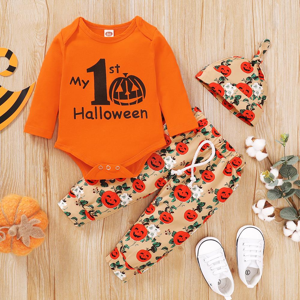 Baby Long Sleeve Cartoon Letter Halloween Romper & Pants & Hat Wholesale Baby Clothes