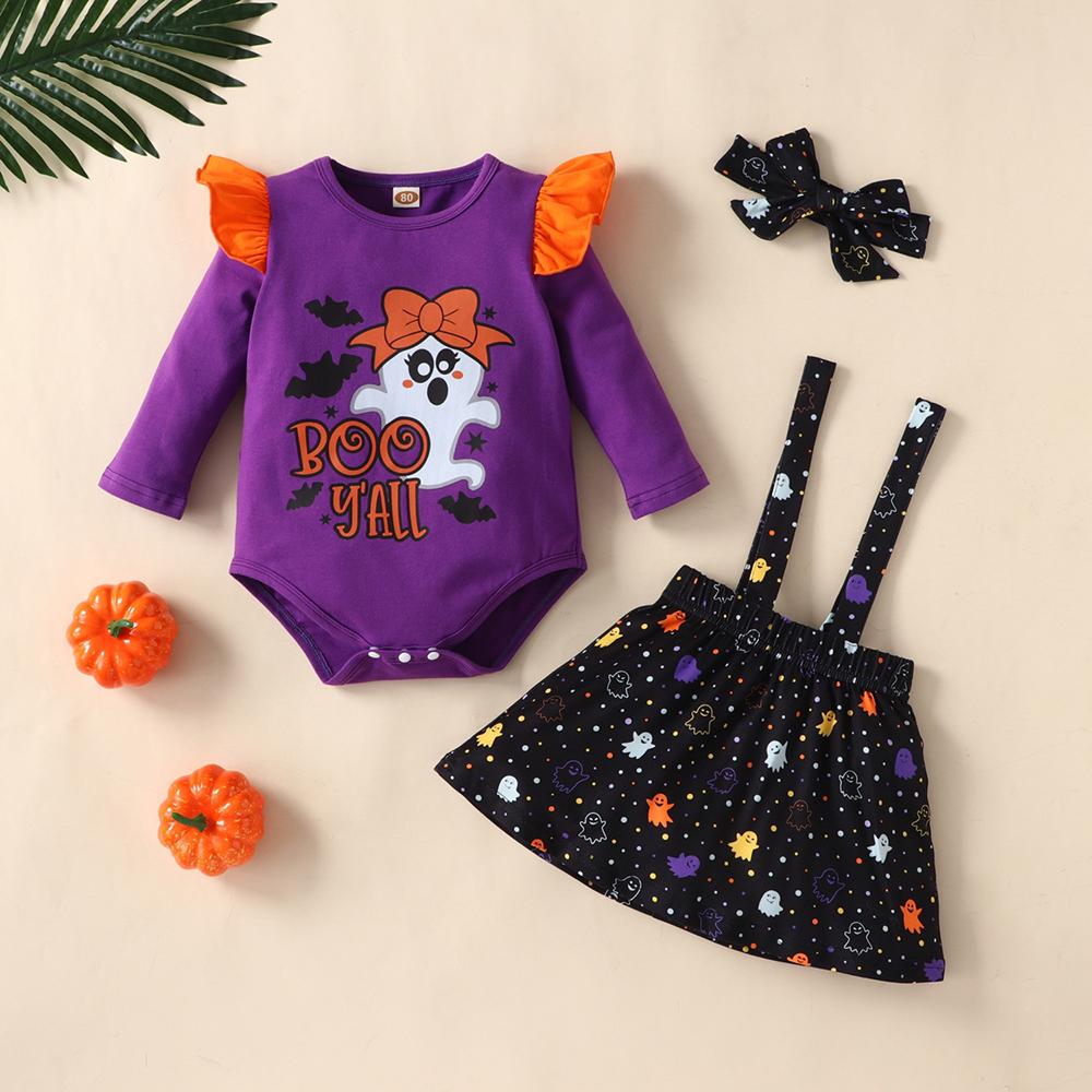 Baby Girls Long Sleeve Cartoon Letter Prined Romper & Skirt & Headband Wholesale Baby Clothes