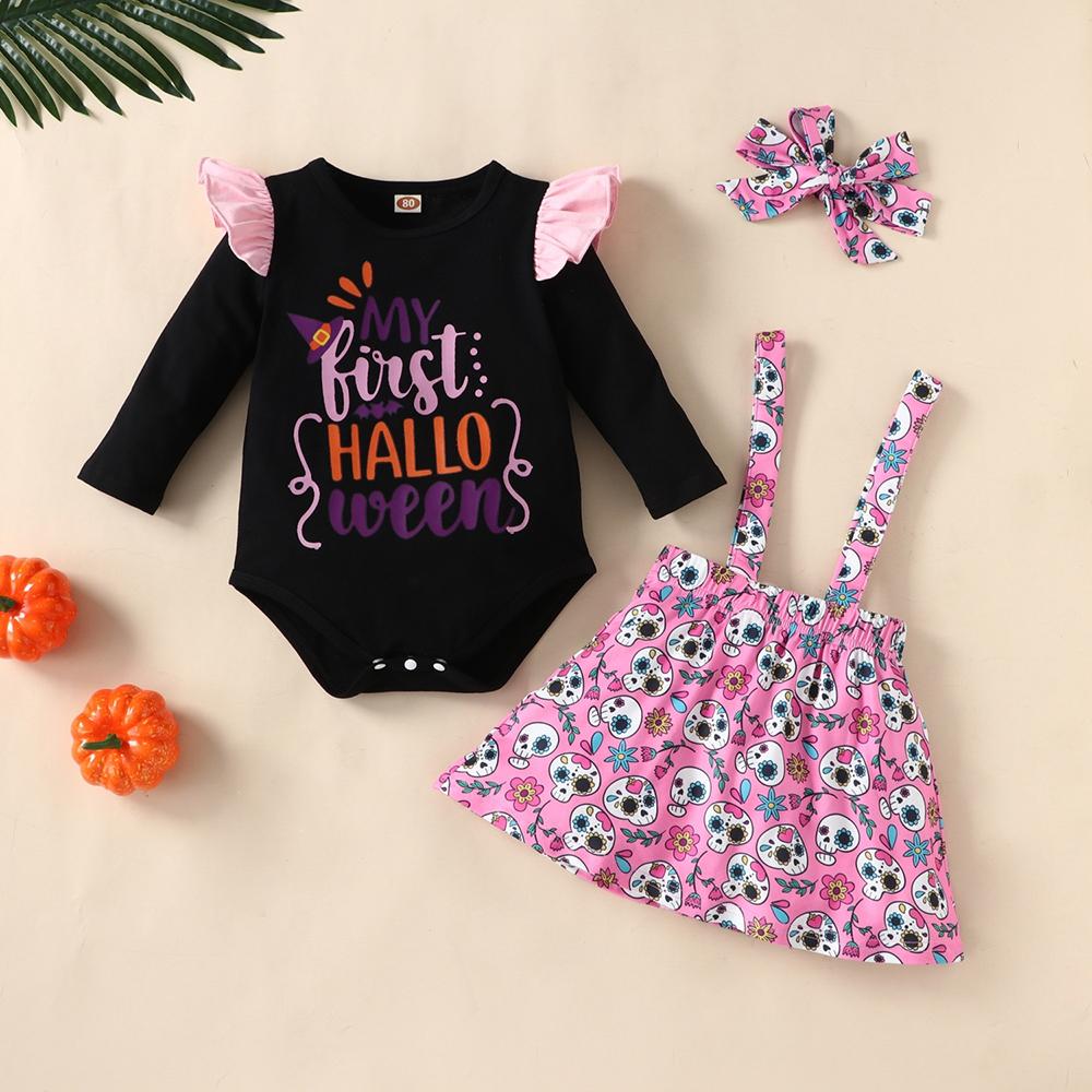 Baby Girls Long Sleeve Cartoon Letter Prined Romper & Skirt & Headband Wholesale Baby Clothes