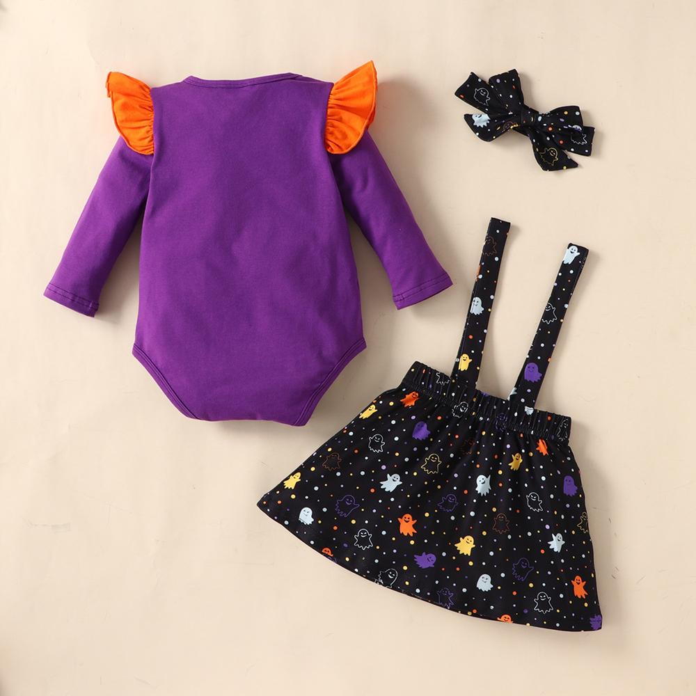 Baby Girls Long Sleeve Cartoon Letter Prined Romper & Skirt & Headband Wholesale Baby Clothes