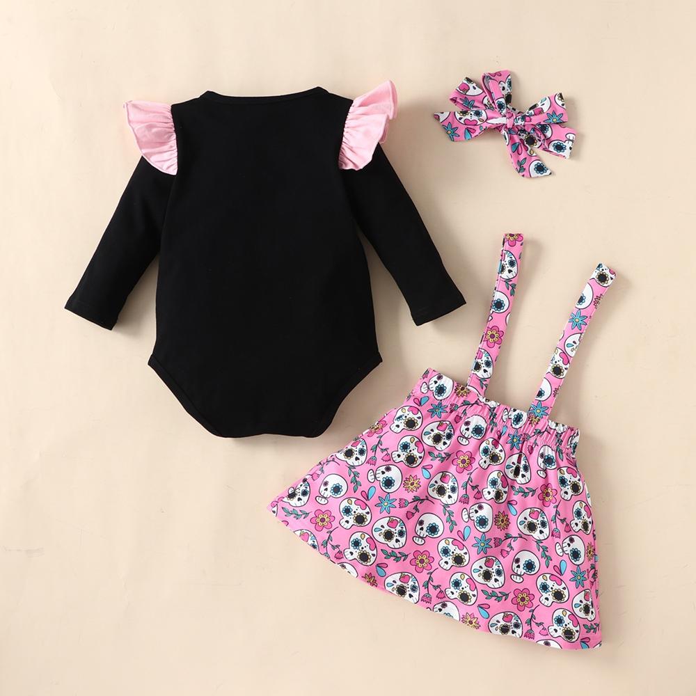 Baby Girls Long Sleeve Cartoon Letter Prined Romper & Skirt & Headband Wholesale Baby Clothes