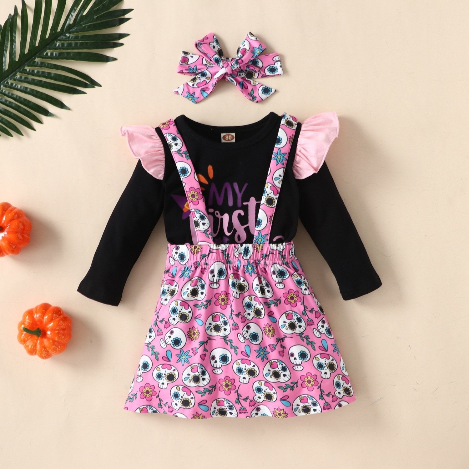 Baby Girls Long Sleeve Cartoon Letter Prined Romper & Skirt & Headband Wholesale Baby Clothes