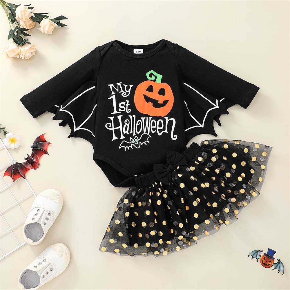 Baby Girls Long Sleeve Cartoon Letter Printed Romper & Polka Dot Skirt baby wholesale clothing