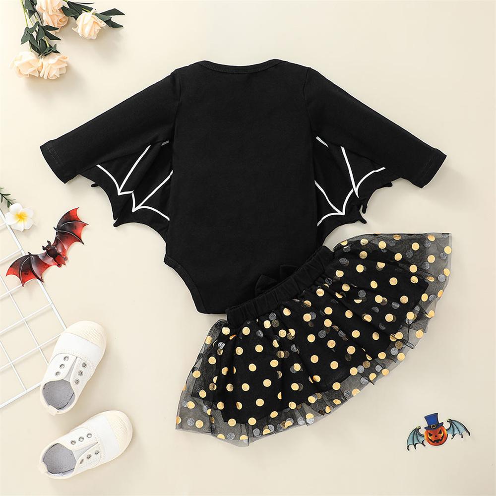 Baby Girls Long Sleeve Cartoon Letter Printed Romper & Polka Dot Skirt baby wholesale clothing