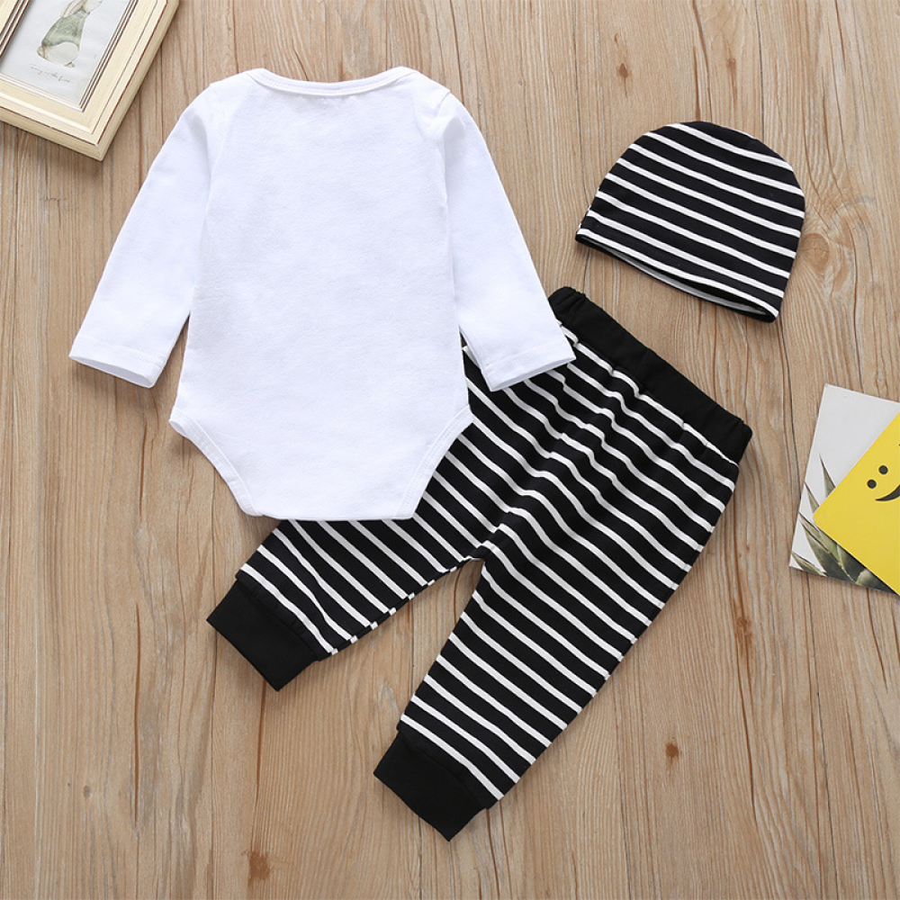 Baby Boys Long Sleeve Cartoon Letter Printed Romper & Striped Pants & Hat Wholesale Baby Clothes