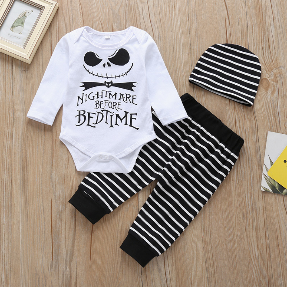 Baby Boys Long Sleeve Cartoon Letter Printed Romper & Striped Pants & Hat Wholesale Baby Clothes