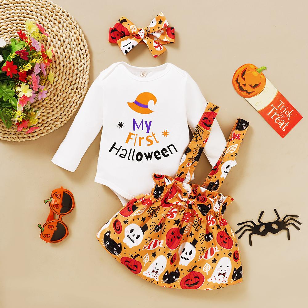 Baby Girls Long Sleeve Cartoon Letter Printed Romper & Suspender Skirt & Headband wholesale baby clothes suppliers