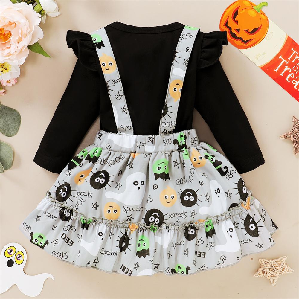 Baby Girls Long Sleeve Cartoon Letter Printed Romper & Suspender Skirt & Headband wholesale baby