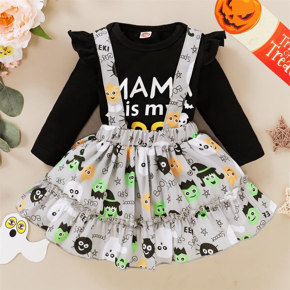 Baby Girls Long Sleeve Cartoon Letter Printed Romper & Suspender Skirt & Headband wholesale baby