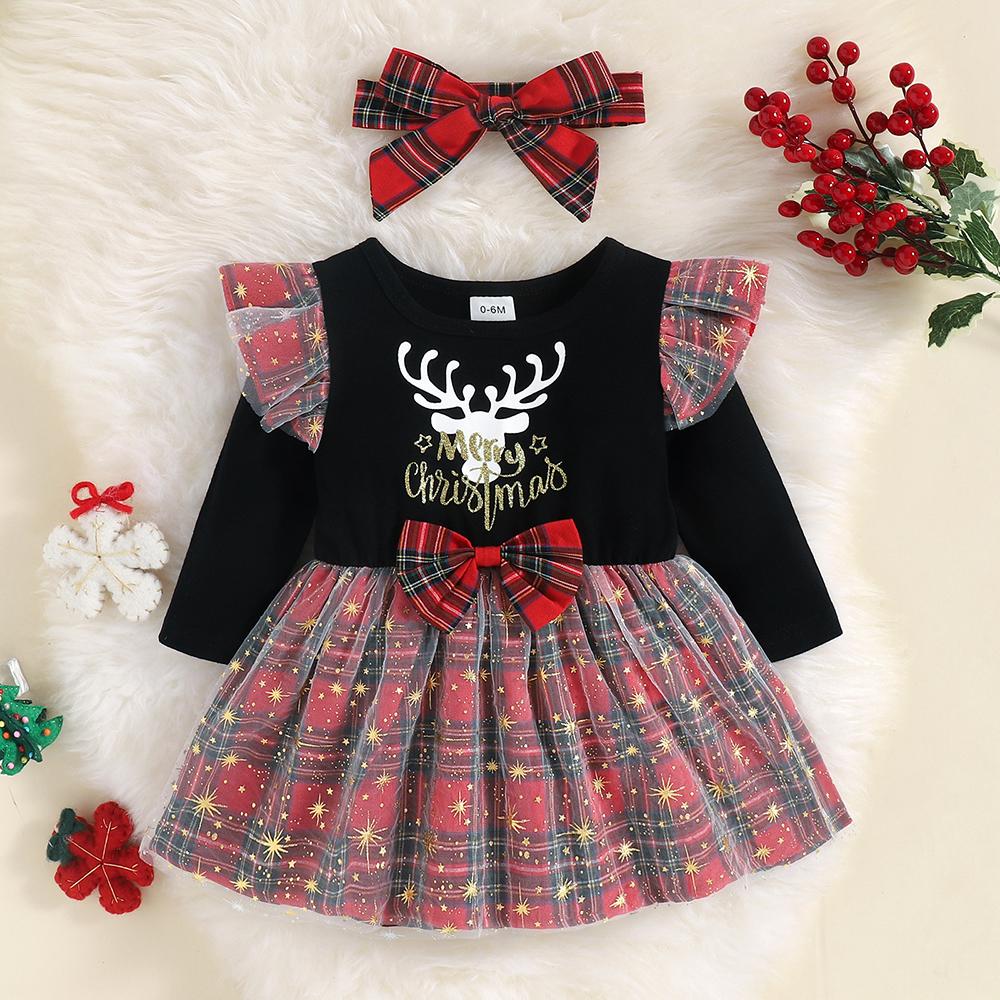 Baby Girls Long Sleeve Cartoon Plaid Dress & Headband baby wholesale clothing