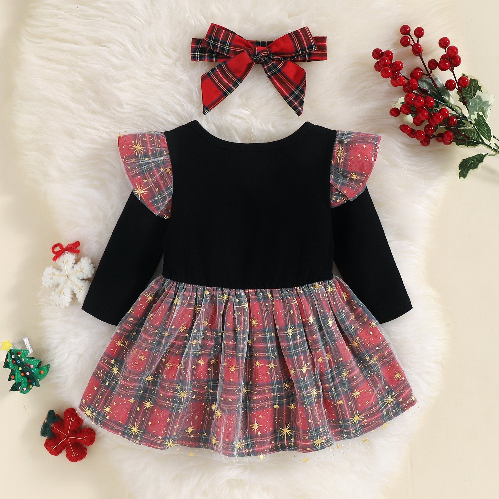 Baby Girls Long Sleeve Cartoon Plaid Dress & Headband baby wholesale clothing