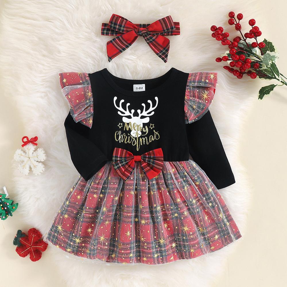 Baby Girls Long Sleeve Cartoon Plaid Dress & Headband baby wholesale clothing