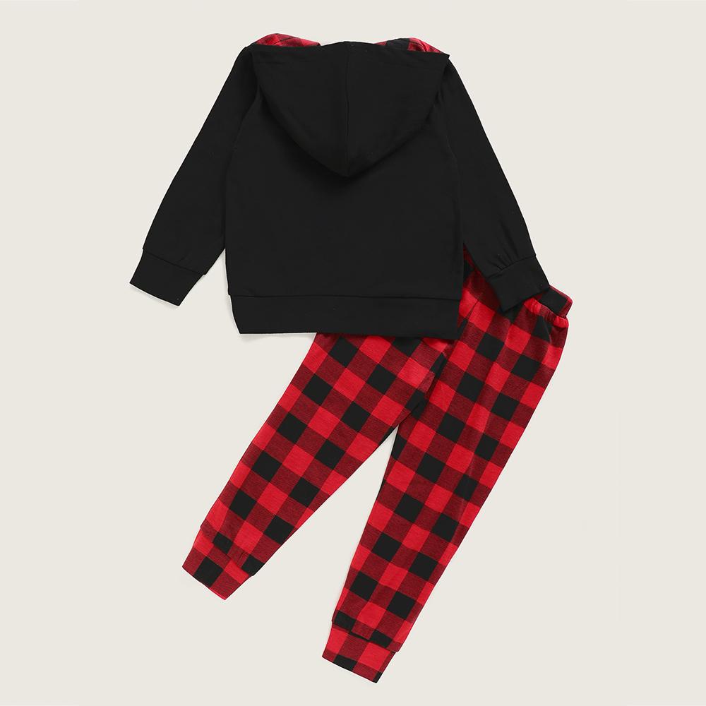 Girls Long Sleeve Cartoon Printed Hooded Plaid Top & Pants trendy kids wholesale clothing