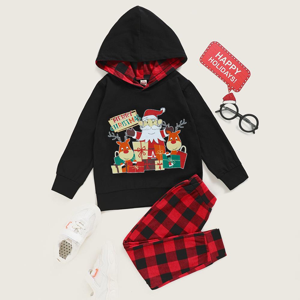 Girls Long Sleeve Cartoon Printed Hooded Plaid Top & Pants trendy kids wholesale clothing