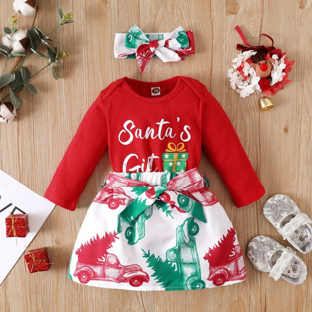 Baby Girls Long Sleeve Cartoon Printed Letter Romper & Skirt & Headband Wholesale Baby Clothes