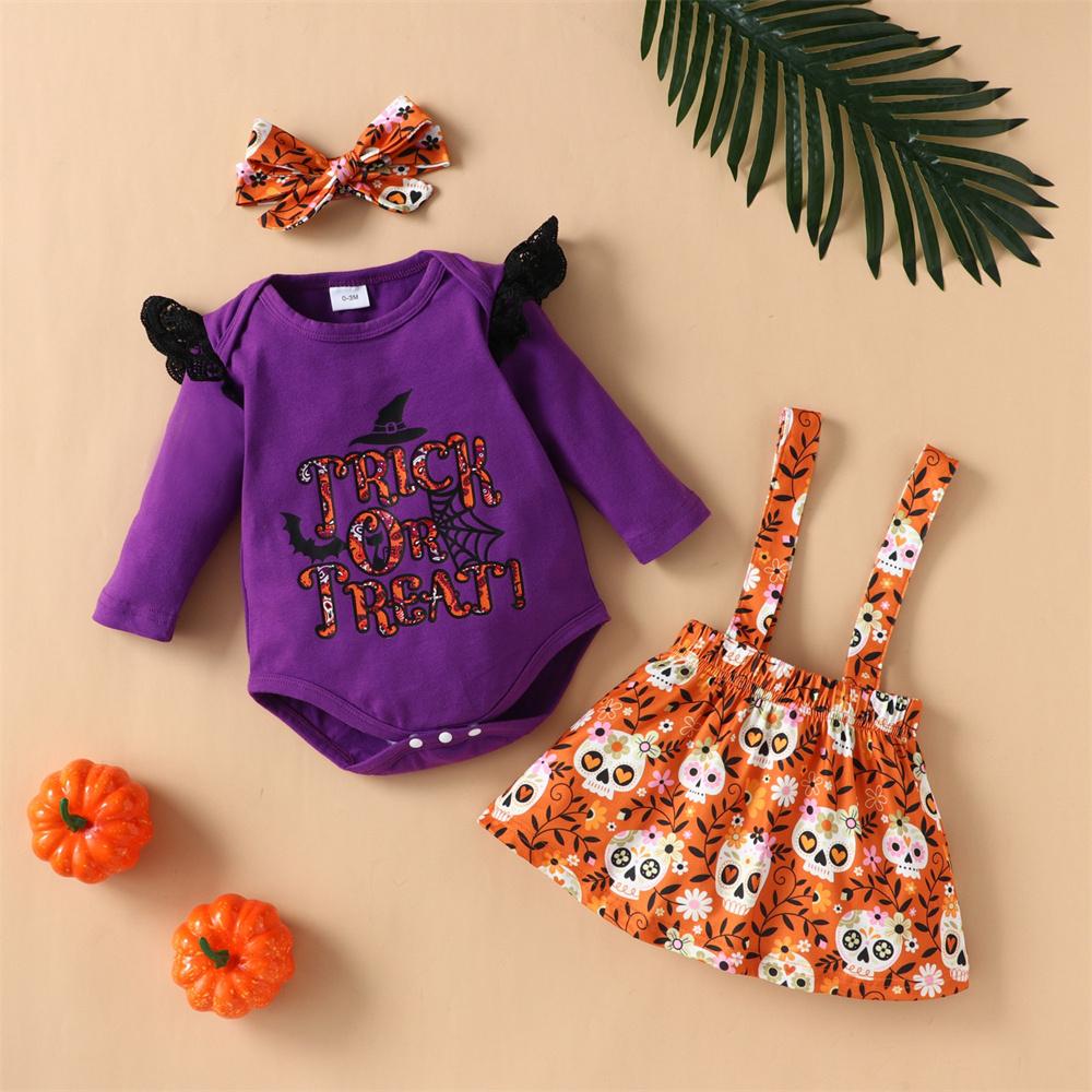 Baby Girls Long Sleeve Cartoon Printed Letter Romper & Suspender Skirt & Heaband cheap baby clothes wholesale