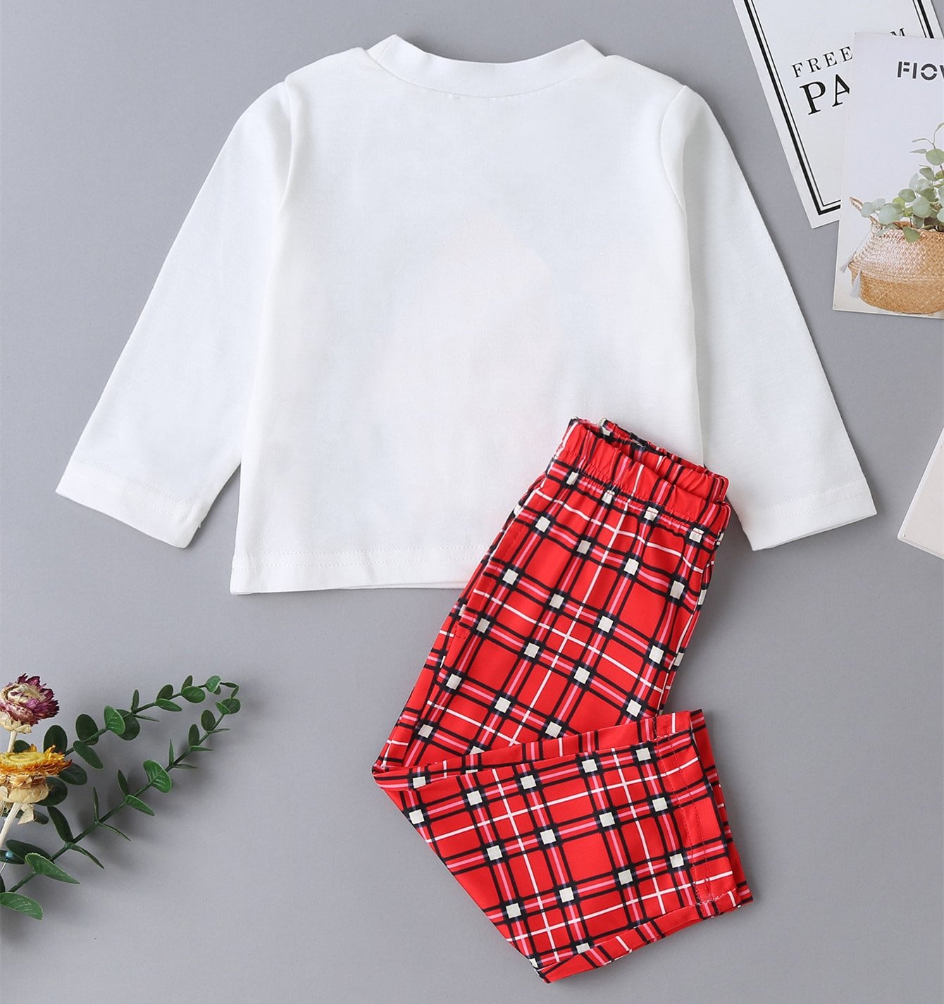 Girls Long Sleeve Cartoon Printed Long Sleeve Top & Plaid Pants Wholesale Kids Clothing Suppliers