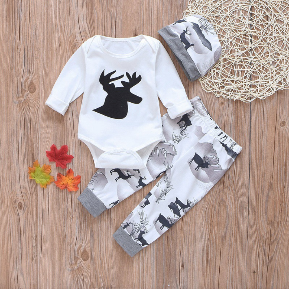 Baby Boys Long Sleeve Cartoon Printed Romper & Pants & Hat baby wholesale clothing