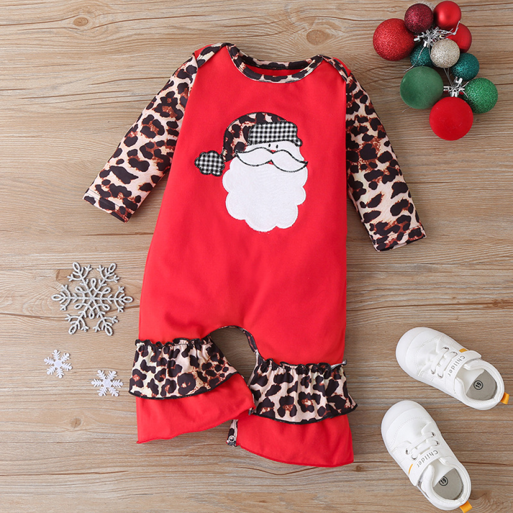 Baby Girls Long Sleeve Christmas Cartoon Leopard Romper baby clothes wholesale