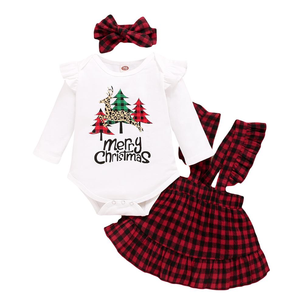 Baby Girls Long Sleeve Christmas Printed Romper & Suspender Skirt & Headband baby clothes vendor