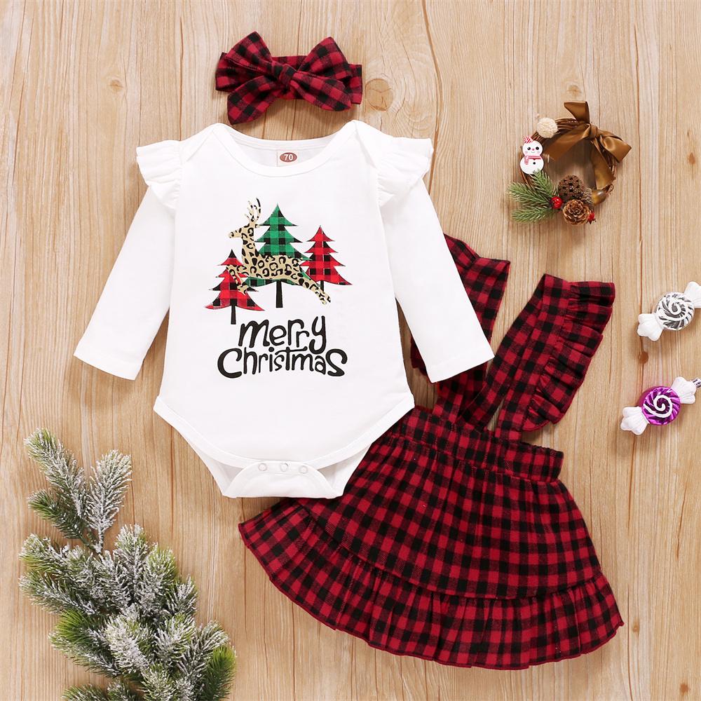 Baby Girls Long Sleeve Christmas Printed Romper & Suspender Skirt & Headband baby clothes vendor