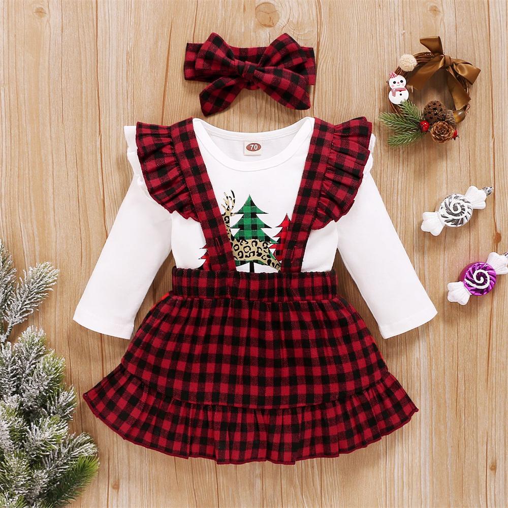 Baby Girls Long Sleeve Christmas Printed Romper & Suspender Skirt & Headband baby clothes vendor