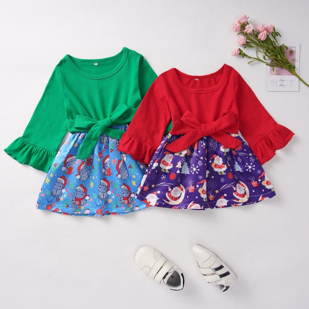 Girls Long Sleeve Christmas Splicing Dress Wholesale Childrens Clothing