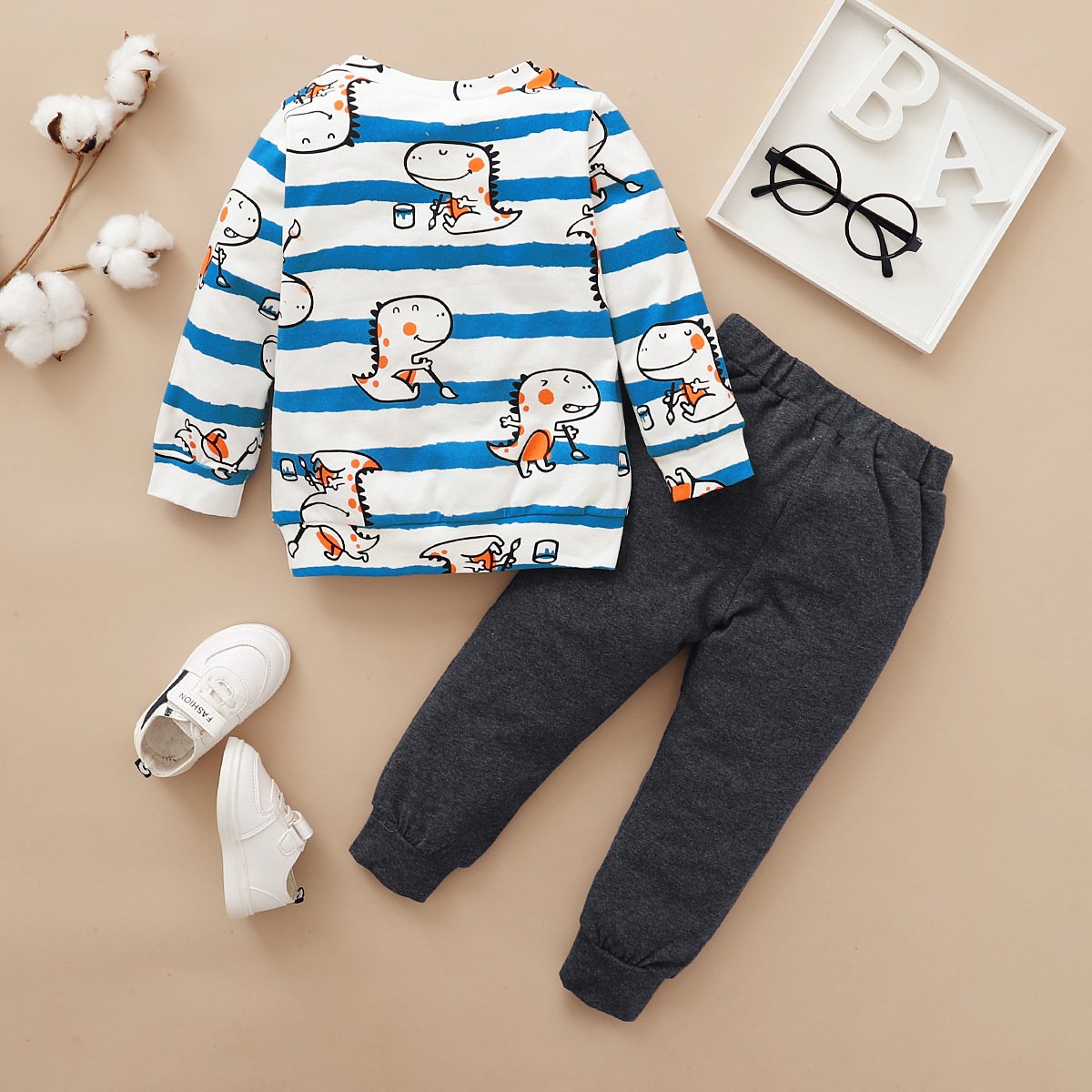 Boys Long Sleeve Dinosaur Printed Striped Top & Pants baby clothing wholesale suppliers