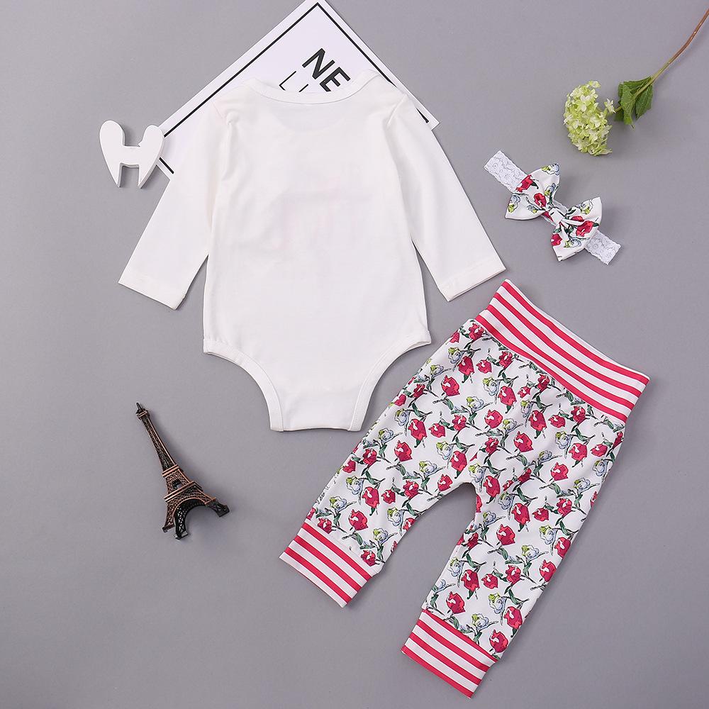 Baby Girls Long Sleeve Floral Letter Romper & Pants & Headband wholesale baby clothes usa