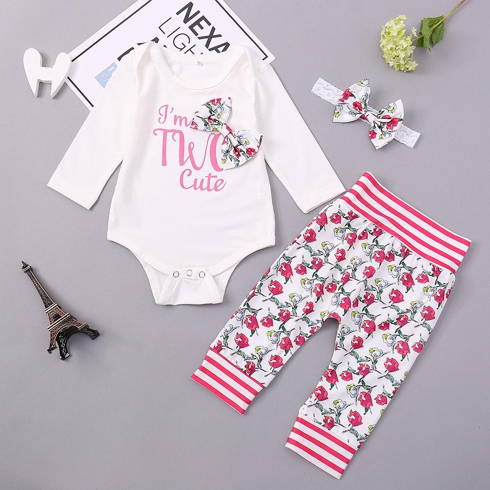 Baby Girls Long Sleeve Floral Letter Romper & Pants & Headband wholesale baby clothes usa