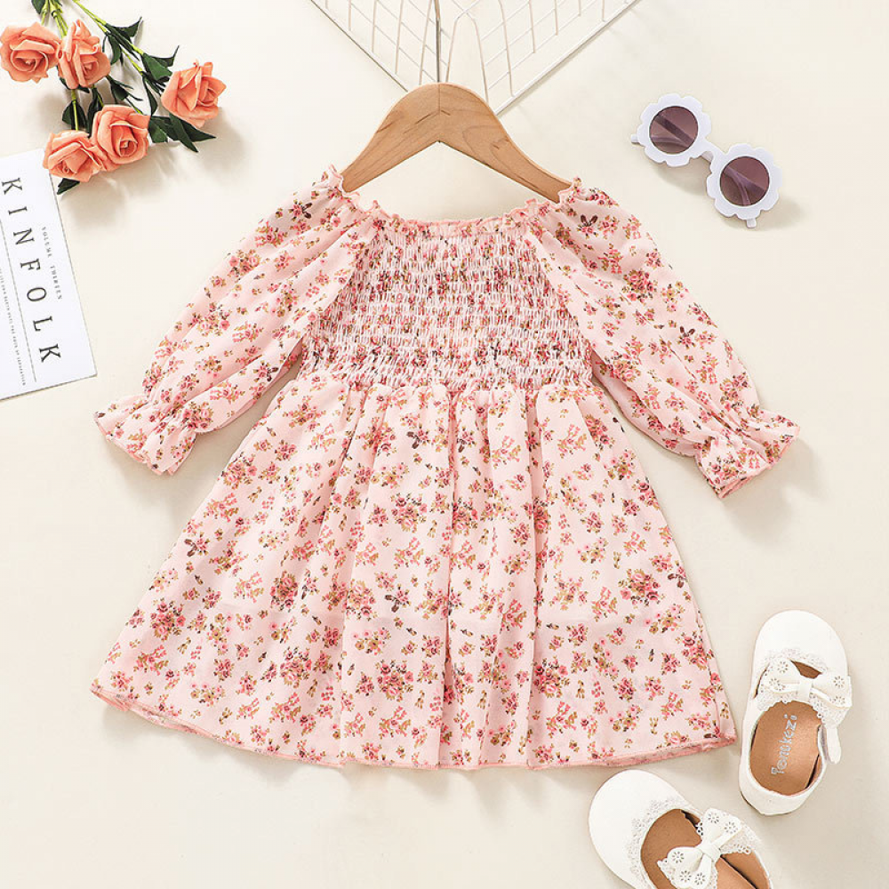 Baby Girls Long Sleeve Floral Printed Casual Dress kids clothes wholesale