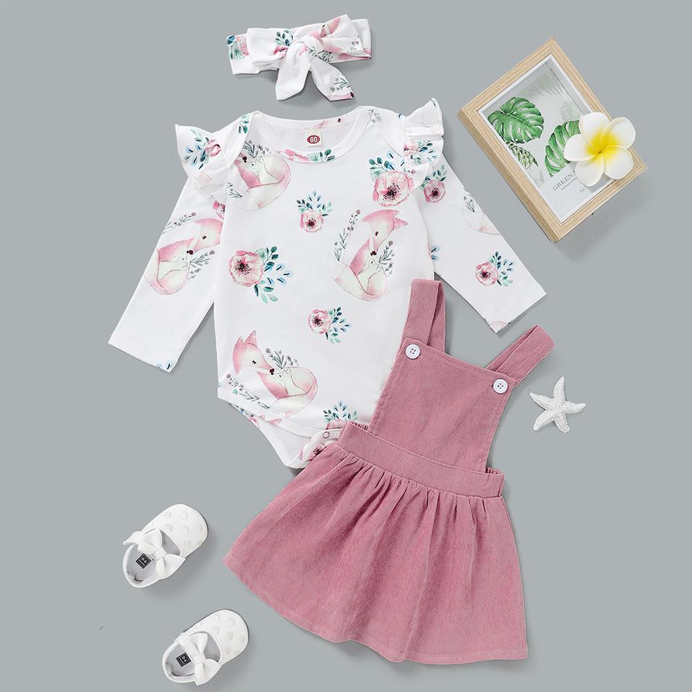 Baby Girls Long Sleeve Floral Printed Romper & Dress & Headband Wholesale Baby Clothes