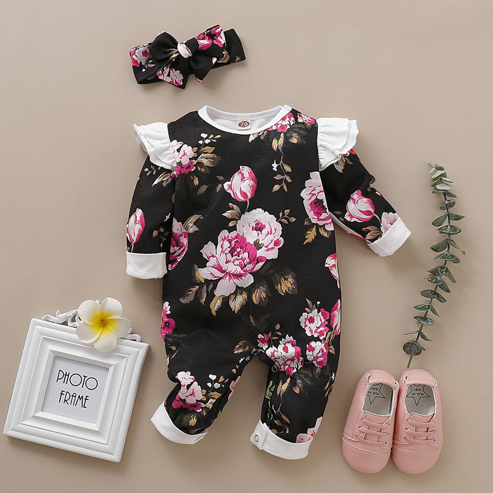 Baby Girls Long Sleeve Floral Printed Romper & Headband Wholesale Baby Clothes