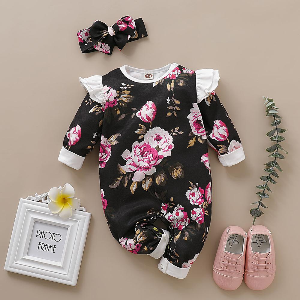 Baby Girls Long Sleeve Floral Printed Romper & Headband Wholesale Baby Clothes