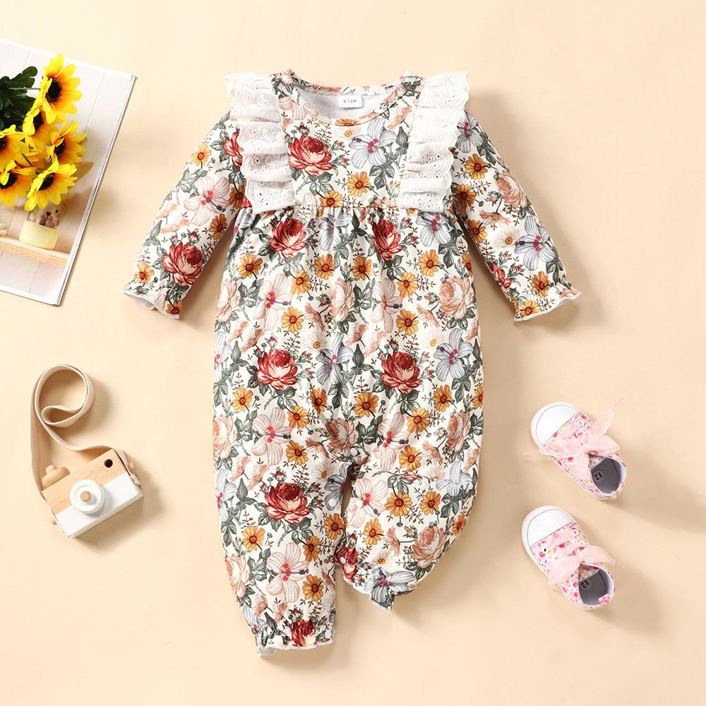 Baby Girls Long Sleeve Floral Printed Romper wholesale baby clothes usa