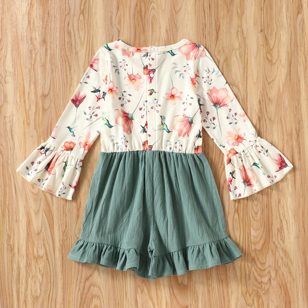 Girls Long Sleeve Floral Printed Splicing Jumpsuit childrens wholesale clothing