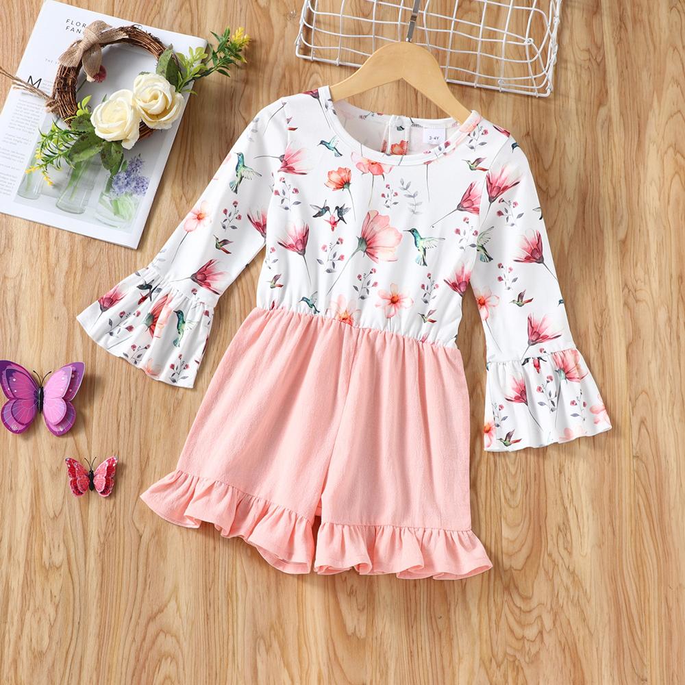 Girls Long Sleeve Floral Printed Splicing Jumpsuit childrens wholesale clothing