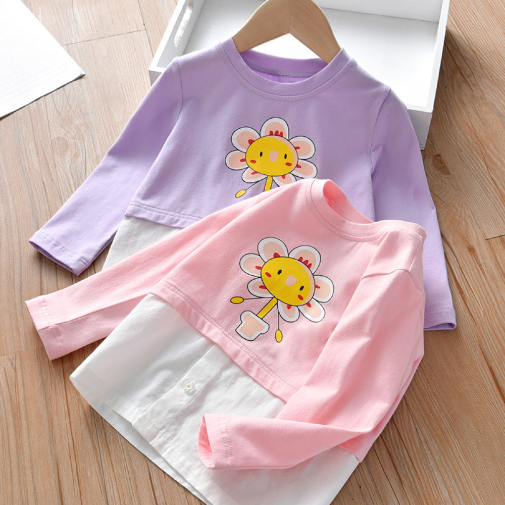 Girls Long Sleeve Floral Printed Splicing Top wholesale kids boutique clothing