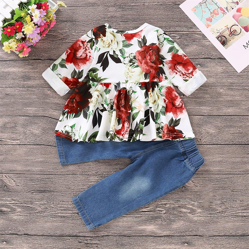 Girls Long Sleeve Floral Printed Top & Denim Pants kids wholesale clothing