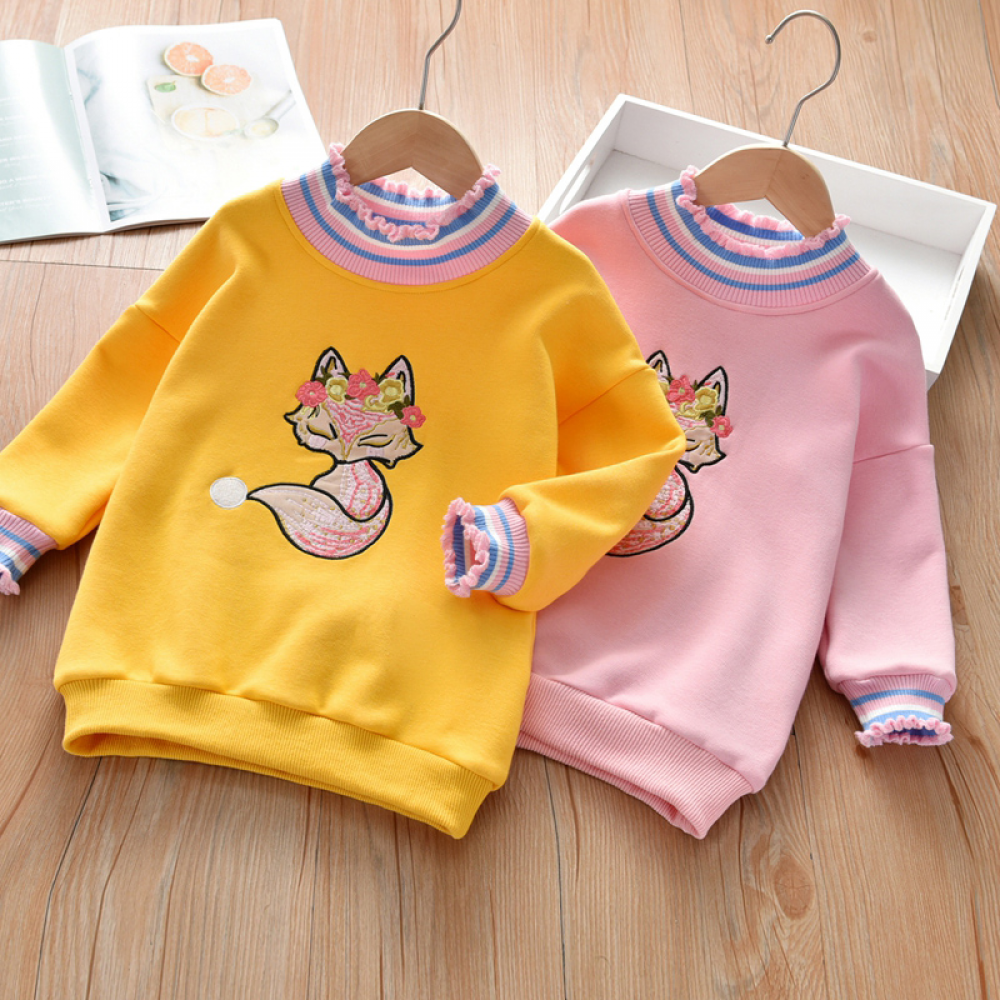 Girls Long Sleeve Fox Embroidery Winter T-shirt wholesale kids boutique clothing