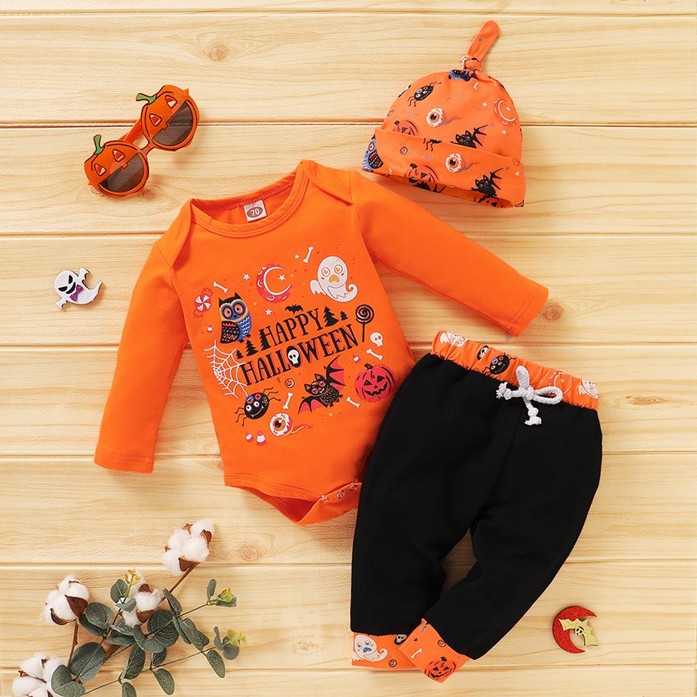 Baby Boys Long Sleeve Halloween Cartoon Printed Romper & Pants & Hat wholesale baby