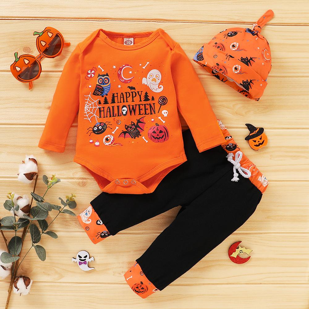 Baby Boys Long Sleeve Halloween Cartoon Printed Romper & Pants & Hat wholesale baby