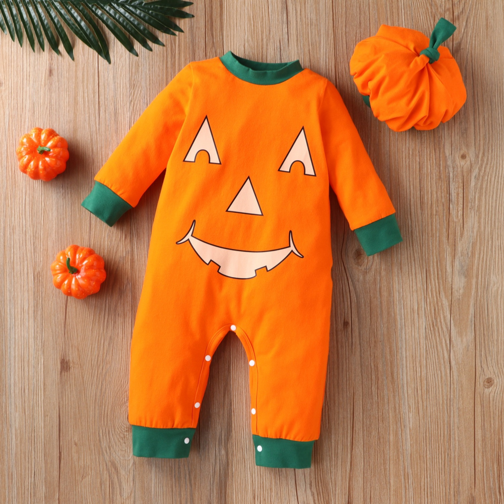 Baby Long Sleeve Halloween Pumpkin Romper & Hat Baby Wholesale Clothing