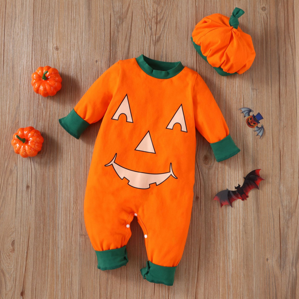 Baby Long Sleeve Halloween Pumpkin Romper & Hat Baby Wholesale Clothing