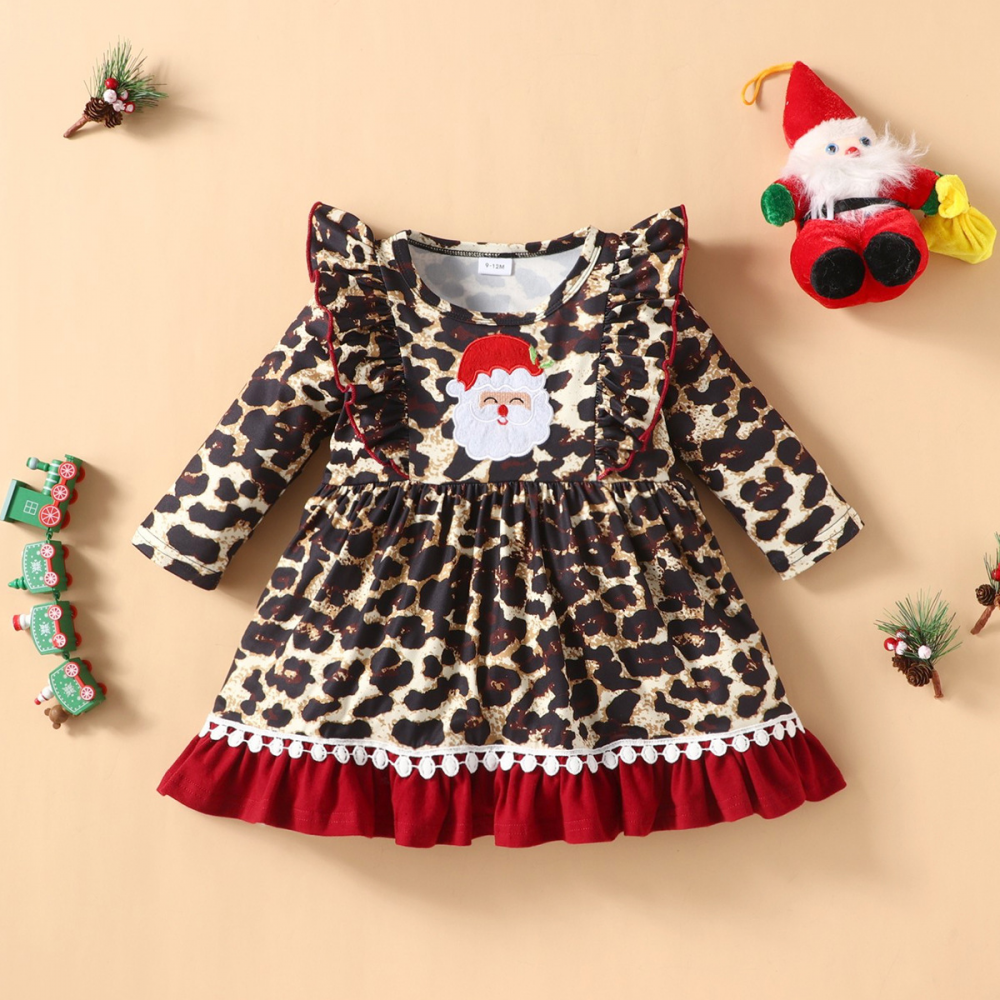 Baby Girls Long Sleeve Leopard Christmas Dress baby clothes wholesale