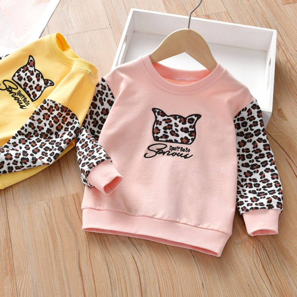 Girls Long Sleeve Leopard Letter Printed T-shirt kids wholesale clothing