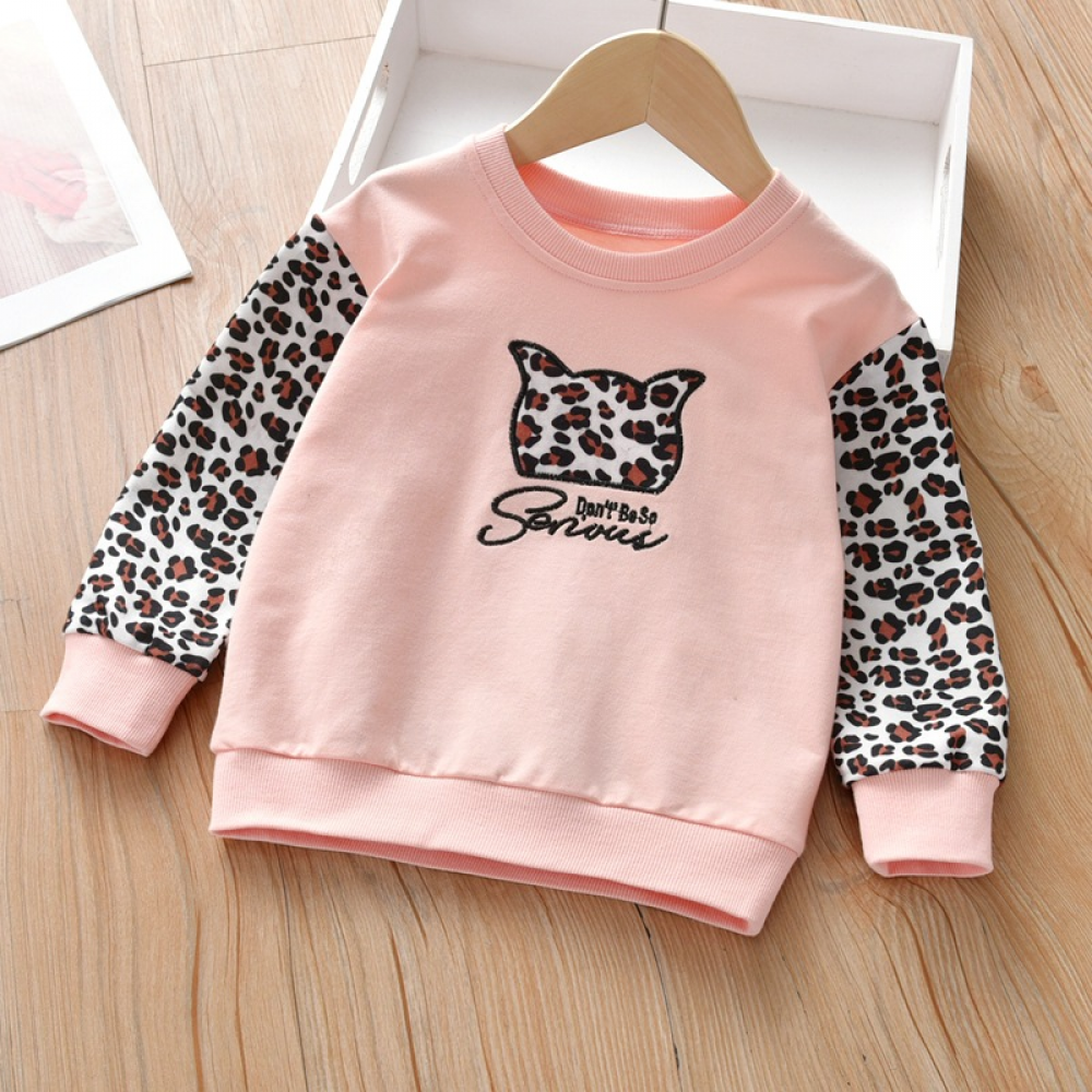 Girls Long Sleeve Leopard Letter Printed T-shirt kids wholesale clothing