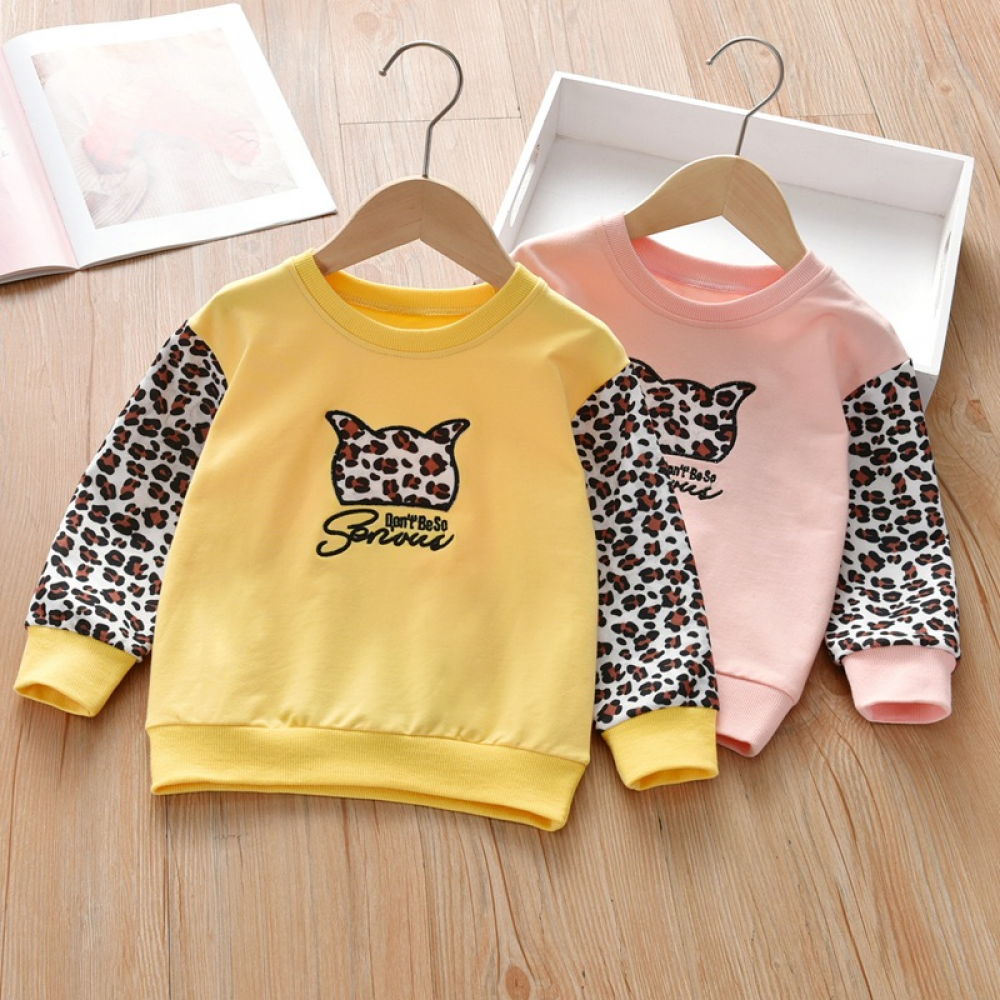 Girls Long Sleeve Leopard Letter Printed T-shirt kids wholesale clothing