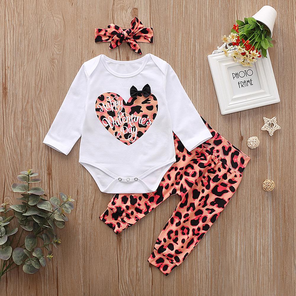 Baby Girls Long Sleeve Leopard Letter Romper & Pants & Headband cheap baby clothes wholesale