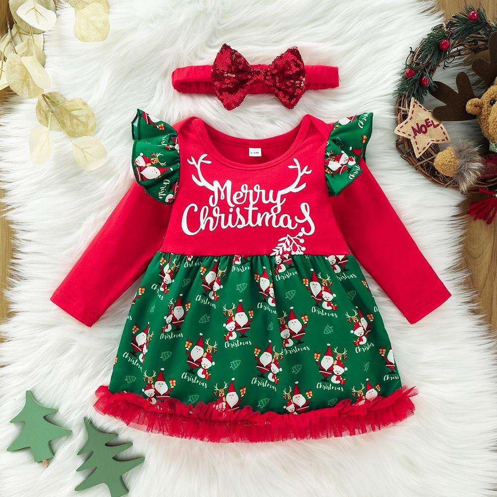 Baby Girls Long Sleeve Letter Christmas Dress & Headband baby wholesale clothing